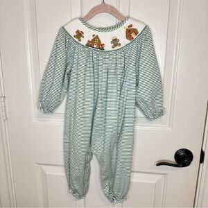 Hibiscus & Honey Smocked Boutique Gingerbread Green White Striped Jumpsuit Sz 2T